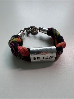 Belief Braided Fabric Bracelet with 'BELIEVE' Silver Plate - Multicolor